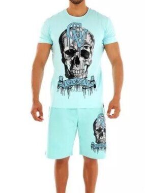 Avenue George V Paris Short Set Men's 2 piece set BLUE Skull Rhinestone NWT